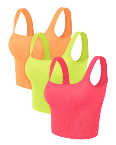 Image of ODODOS Women's 3-Piece Seamless Square Neck Tank Top, Waist Length, Neon Pink+Green+Orange Clay, Medium /Large