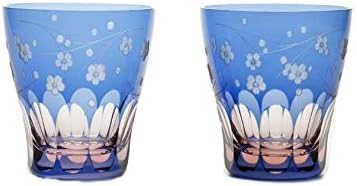 Japanese Edo-Kiriko (Cut Glass) Old Pair 6.8oz Sakura (Cherry Blossom) Pattern,Set of 2
