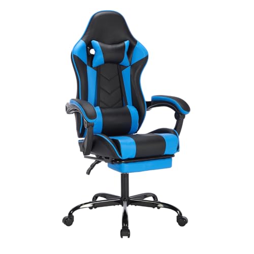 Image of Gaming Desk Chair for Adults, Ergonomic Gaming Chair (Black+Blue) | with Footrest Headrest and Lumbar Support, Leather Material Height Adjustable computer Video Game Chairs