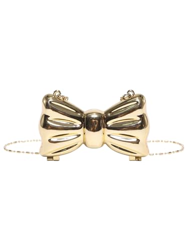 QWINEE Womens Bow Shaped Mini Clutch Purses Cocktail Evening Bag Chain Strap Solid Mini Crossbody Bag for Party Gold One Size