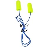 3M Ear Plugs, 100/Box, E-A-Rsoft Yellow Neons 311-1256, Corded, Disposable, Foam, NRR 33, Drilling, Grinding, Machining, Sawing, Sanding, Welding, 1/Poly Bag