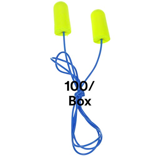 3M Ear Plugs, 100/Box, E-A-Rsoft Yellow Neons 311-1256, Corded, Disposable, Foam, NRR 33, Drilling, Grinding, Machining, Sawing, Sanding, Welding, 1/Poly Bag