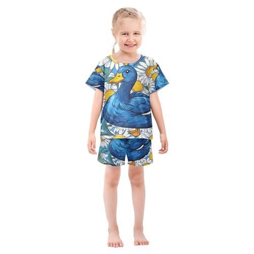Cute Blue Duck Floral Flowers Summer Pajamas Set 2 Piece Short Cotton Sleepwear, 5-14 Years3