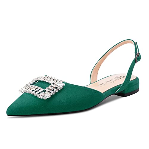 TNYNFBEB Women Chunky Block Low Heel Pointed Toe Flats Shoes Slingback Buckle Rhinestone Crystal Party Cute 0.6 Inches Heels