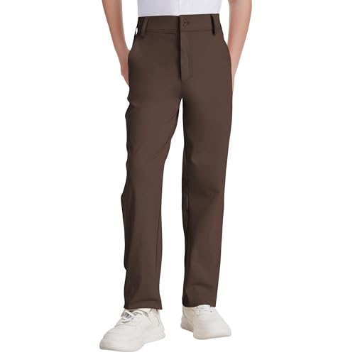 Dreammonkey Toddler to Youth Boys Golf Pants Quick Dry Stretch Performance Dress Pants | School Uniform Flat Front Slacks (Brown 14 Years)