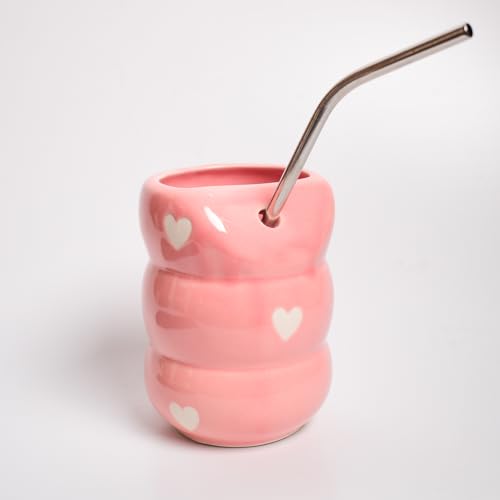 Image of Pink Heart Ceramic Sip Bubble Tumbler with Stainless Steel Straw | Aesthetic, Handmade, Microwave Safe | 220 ML