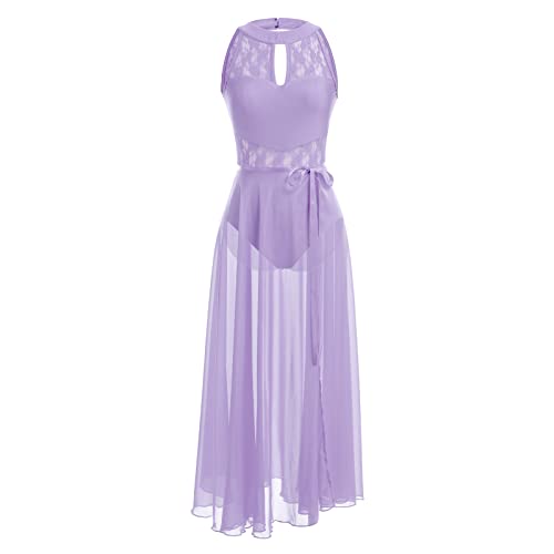 Lyrical Dance Costume For Women Adult Modern Contemporary Dancewear Dress Lace Sleeveless Leotard Halter Backless Bodysuit Sheer Flowy Long Maxi Wrap Skirt 2Pcs Ballroom Ballet Outfit Violet M #TOP1
