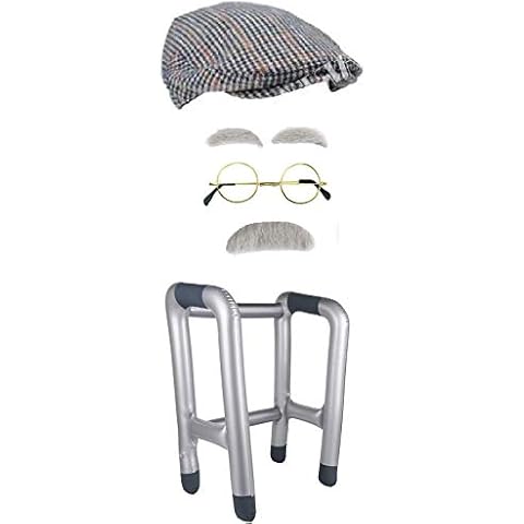 Silver® Old Man Costume Accessories - Men Newsboy Cap, Glasses, Inflatable Zimmer Frame, Mustache and Eyebrows Set Grandpa Outfit Accessories Cover