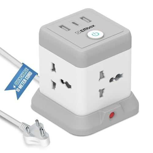 Image of EMBOX Cube Extension Board 10 Meter Cable (QC 3.0)| 2500W Heavy Duty Extension Board with USB Type C Universal Sockets & Master Switch |Compact Extension Cord Safety Shutter & Overload Protector