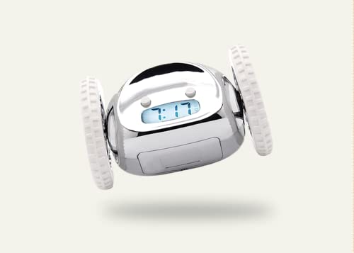 Clocky Alarm Clock On Wheels (Authentic) | Extra Loud For Heavy Sleeper (Adult Or Kid Bed-Room Robot Clockie) Funny, Rolling, Run-Away, Moving, Jumping (Black & Chrome) #TOP2