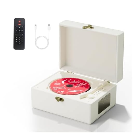 Yintiny Rechargeable Leather CD Player with Speakers, Bluetooth Transmitter, Festival Gift, BGM Player for Home Decor., white