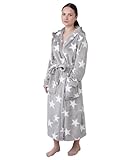 DiaryLook Bademantel Damen flauschiger, Kuscheliger Morgenmantel für Damen, langer Bademantel Damen mit Kapuze Hellgrauer Sternendruck