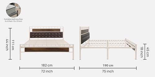 Image of Orvo Metal King Size Bed Without Storage | Wrought Iron Double Bed with Headboard & Footboard | Sturdy Powder Coated Platform Bed King Size Cot for BedroomLivingRoom Ivory (75x72)