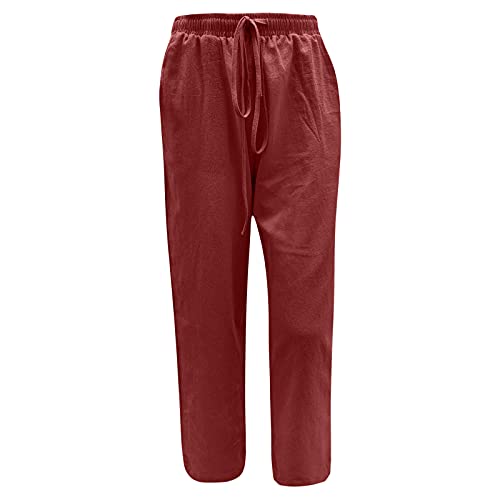 Pink Pants For Women Summer Pants 2023 Cotton Linen Elastic Waist Drawstring Wide Leg Ankle Length Lounge Pant With Pockets #TOP3