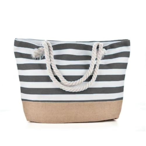 Sac de plage rayé en toile grise avec fermeture éclair et grande capacité