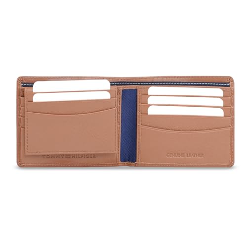 Image of Tommy Hilfiger Men's Leather Wallet Anapolis | Printed Tan Passcase Bi-Fold with 12 Card Slots, Coin Pocket | Stylish Purse for Gents