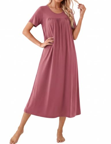 Ekouaer Long Sleepshirts Womens Bamboo Viscose Nightgown Short Sleeve Pajama Dress Dark Pink