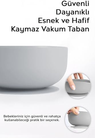 Meleni Baby 3'lü Silikon Bebek Beslenme Seti - Vakumlu Mama Kasesi - Mama Önlüğü - Diş Kaşıyıcı Kaşık - Gri - Görsel 3