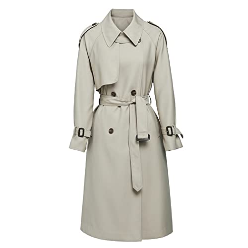LANGWEI Women's Long Trench Coat Double Breasted Windproof Coat Classic Lapel Slim Overcoat Windbreaker with Belt,Cream Brown,L