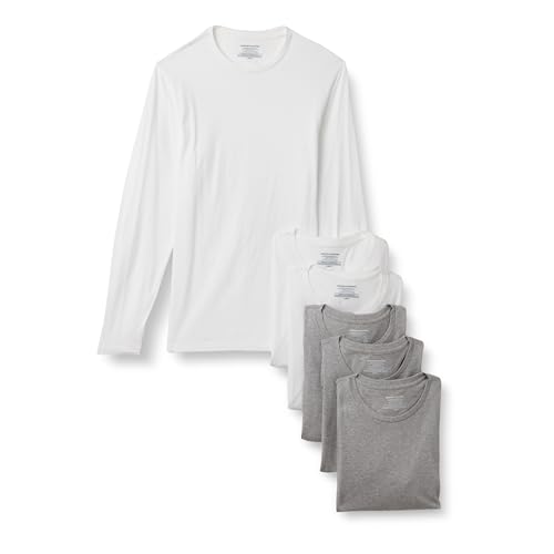 Amazon Essentials Men's Slim-Fit Cotton Crew Neck Vests, Pack of 6, Medium Grey Heather/White Long Sleeve, M