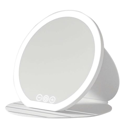 Homirty Espejo Maquillaje con Luz Recargable, Espejo de Maquillaje Iluminado de 3 Colores, Espelho Plegable con Control Táctil para Viajes y Tocador, Brillo Ajustable (Blanco)