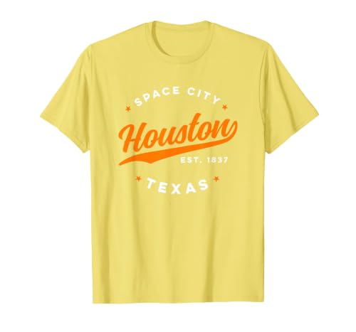 Vintage Houston Texas Space City Orange Text T-Shirt, Men, Lemon Yellow, Medium
