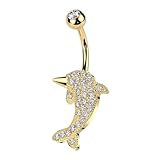 Pierced Owl 14GA 316L Stainless Steel CZ Crystal Paved Dolphin Belly Button Ring (Gold Tone)