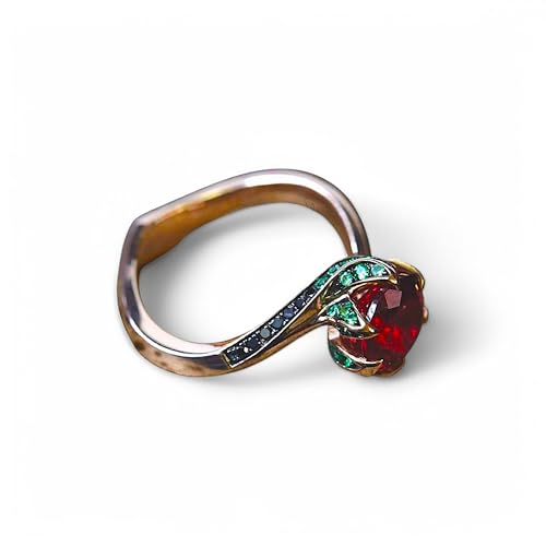 Gothic Red Garnet and Emerald Accent Ring – 14K Rose Gold Black Diamond Claw Engagement or Statement Ring – Unique Dragon-Inspired Fantasy Jewelry for Women
