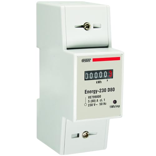 VEMER VE799000 ENERGY 230 D80   Contador de Energía Monofásico 80A para Carril DIN 2 Módulos, Medidor de Consumo Eléctrico 230V, Medición de Electricidad para Uso Doméstico e Industrial, Blanco
