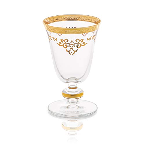 Short Stem Glasses with Gold Design on Base, Set of 6 Pieces, Fills 7 fluid oz.- Measures 5