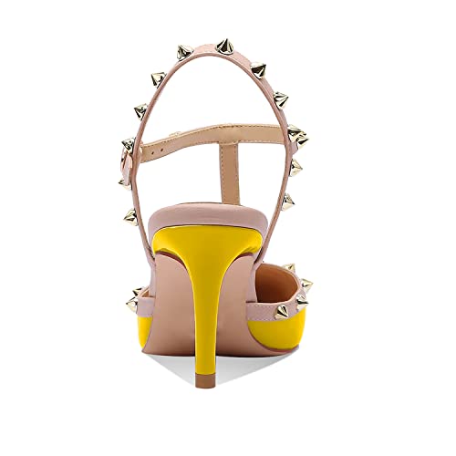 Image of XINIUNIU Studded Heels for Women Kitten Heels with Studs Stiletto Sandals with Rivet Ankle Strap Patent Leather Pointy Toe 2.5 Inch Party Daily Wear Evening Sandals