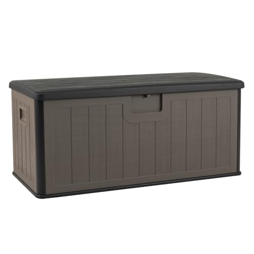 GiantexUK 380L Garden Storage Box, Waterproof Resin Deck Boxes with Lockable Sit-on Lid, Gas Strut & Handles, Wood Effect Outdoor Utility Chest Container for Patio Cushion Gardening Tool (Brown+Black)