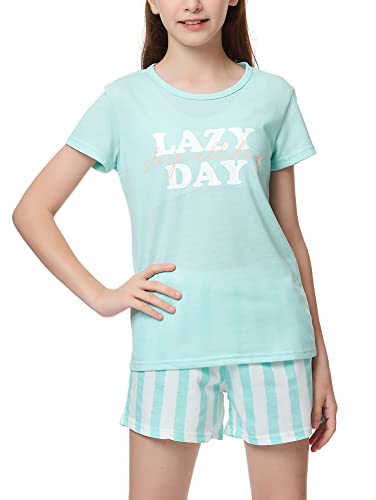 Jashe Summer Pajamas For Girls – Stripe White Pjs Pal Cute Jammies Set Big Girl Size 14,Green(Lazy Day) #TOP1