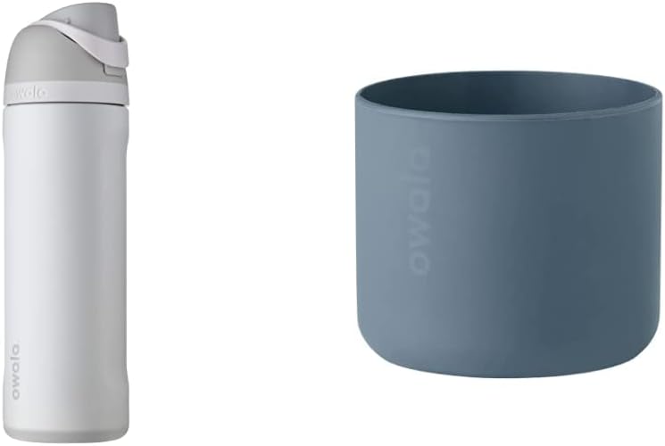 Owala FreeSip Insulated Stainless Steel Water Bottle, 24-Ounce, Shy Marshmallow & Silicone Water Bottle Boot, Anti-Slip Protective Sleeve Cover for 24-oz FreeSip, Twist, Blue