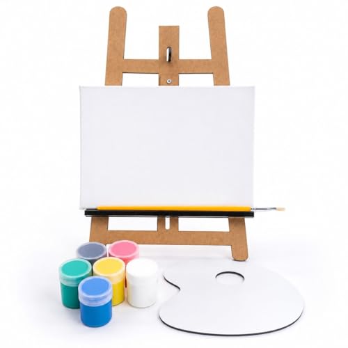 Kit Pintura Infantil Completo Mini Cavalete Tripé MDF Tela Pincel 6 Tintas Paleta Gv Office