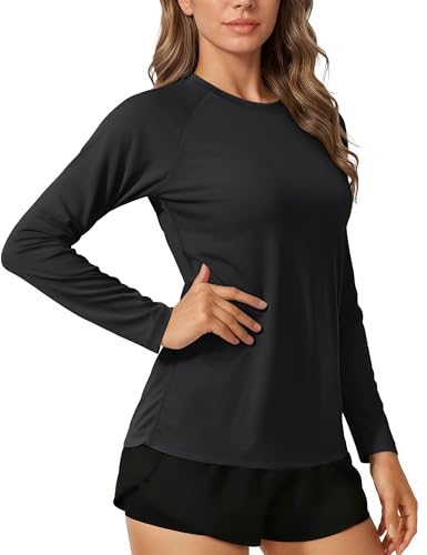 TACVASEN Mujeres Tops de Corriendo Manga Larga Tops con UV Verano Camisetas Protección Solar UPF Camisetas de Caminar Top de Trabajo Al Aire Libre Peso Ligero Base Layer Negro