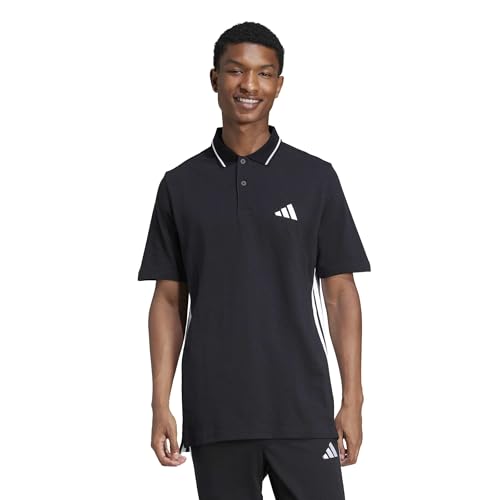 adidas Men's Essential Three Stripes Pique Polo Shirt, Black/White, L - Image 2