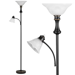 71” Floor Lamps for Living Room, Tall Floor Lamp for Bedroom with Adjustable Angle Arc Reading lamp, Modern Torchiere Standing lamp with Glass Shade, Knob Switch, Bulb Included, Black