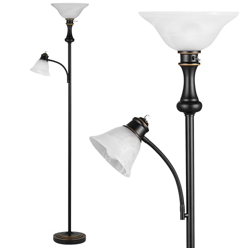 Leasgy 71'' Floor Lamps for Living Room, Tall Floor Lamp for Bedroom with Adjustable Angle Arc Reading lamp, Modern Torchiere Standing lamp with Glass Shade, Knob Switch, Bulb Included, Black