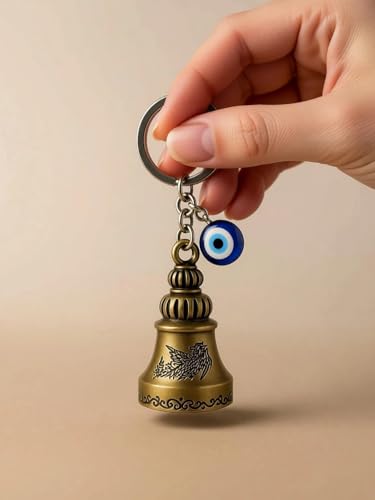 Image of Guardian Bell Keychain with Blue Evil Eye Nazar Charm, Tibetan Engraved Texture, Good Luck Protection for Bike and Car