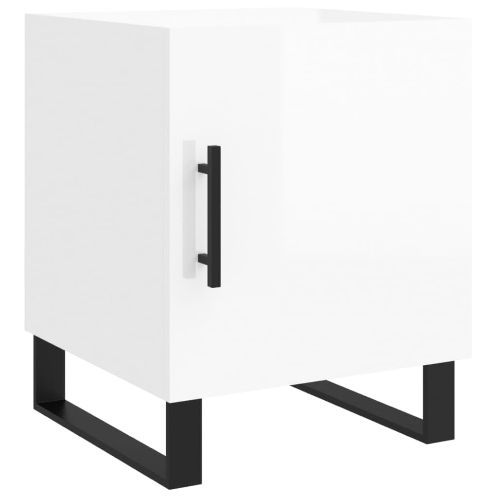 Table de chevet en bois laqué blanc avec rangement fermé et pieds métal