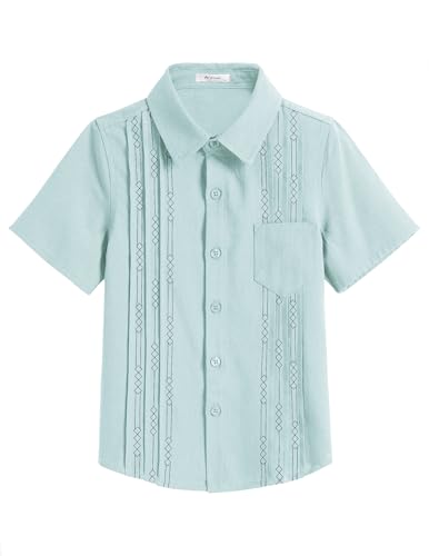 Arshiner Jungen Hemden Kurzarm Leinen Sommer Casual Besticktes Shirt Regular Baumwolle Party Freizeit Hemd für Kinder 11-12 Jahre Türkis