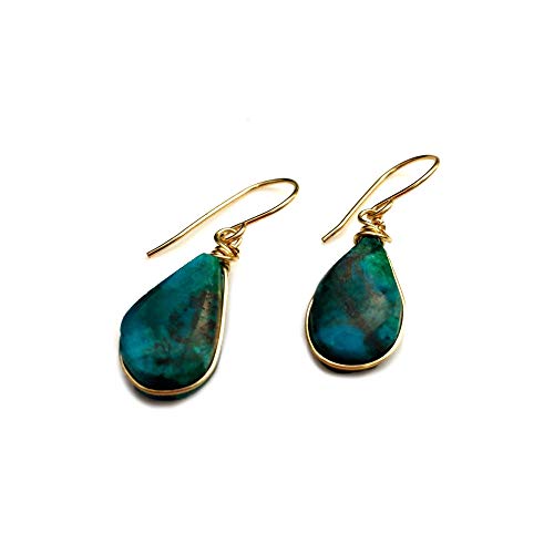 Chrysocolla Earrings Gold Filled Wire Wrap Dangle Blue Green Teardrop Stones - Handmade Healing Crystal Gemstone Jewelry for Women