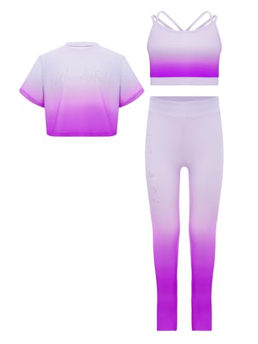 TiaoBug Kids Girls 2Pcs Gymnastics Dance Sports Set Short Sleeve Gradient Color T-Shirt Vest Leggings Set