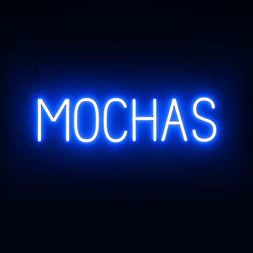 Image of SpellBrite LED Neon MOCHAS Sign for Business - Blue, 26 inch x 6 inch | Ultra-Bright Click-Together Signage for Cafes, with Visibility from 500 Feet - 8 Animations, 6 Brightness Settings
