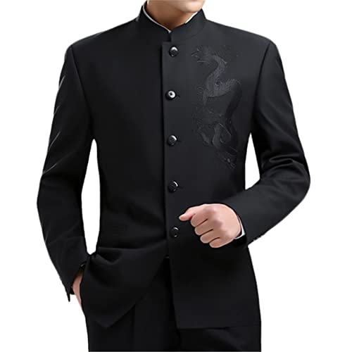 Dragon Embroidery Men Chinese Style Tunic Suit Jacket Stand Collar Kung Fu Uniform Coat Single Breasted Black3