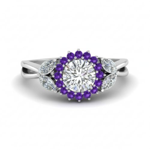 Image of 55Carat Choose Your Gemstone Flower Halo Split Shank Diamond CZ Ring Sterling Silver Round Shape Halo Engagement Rings Everyday Jewelry Wedding Jewelry Handmade Gifts for Wife US Size 4 to 12