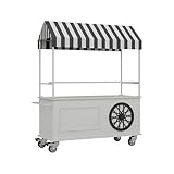 Carrito de venta con toldo a rayas – Carrito de comida callejera de hierro de 2 niveles para pasteles, frutas, flores y segunda mano, ideal para mercados de agricultores y vendedores ambulantes