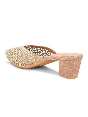 Image of XE Looks Women's Rhinestone Embellished Pointed Toe Mule Heels | Soft Cushioned Insole | Comfortable Stylish Slip-On Block Heel Sandals for Girls & Women