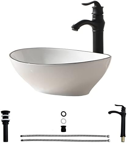 Oval Ceramic Vessel Sink -HLBLFY Oval Above Counter White Porcelain Ceramic Bathroom Vessel Sink Basin Washing Bowl Set and Faucet，White Background and Black Edge